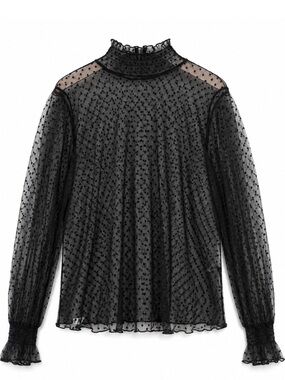 Brand New Sheer Dot Ruffle Neck Long Sleeve Top Black Small Size
